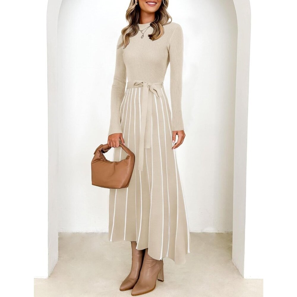 Women's Apricot Tie Waist Casual Loose Ribbed Knit Long Sleeve Sweater Midi Dres - Picture 3 of 6